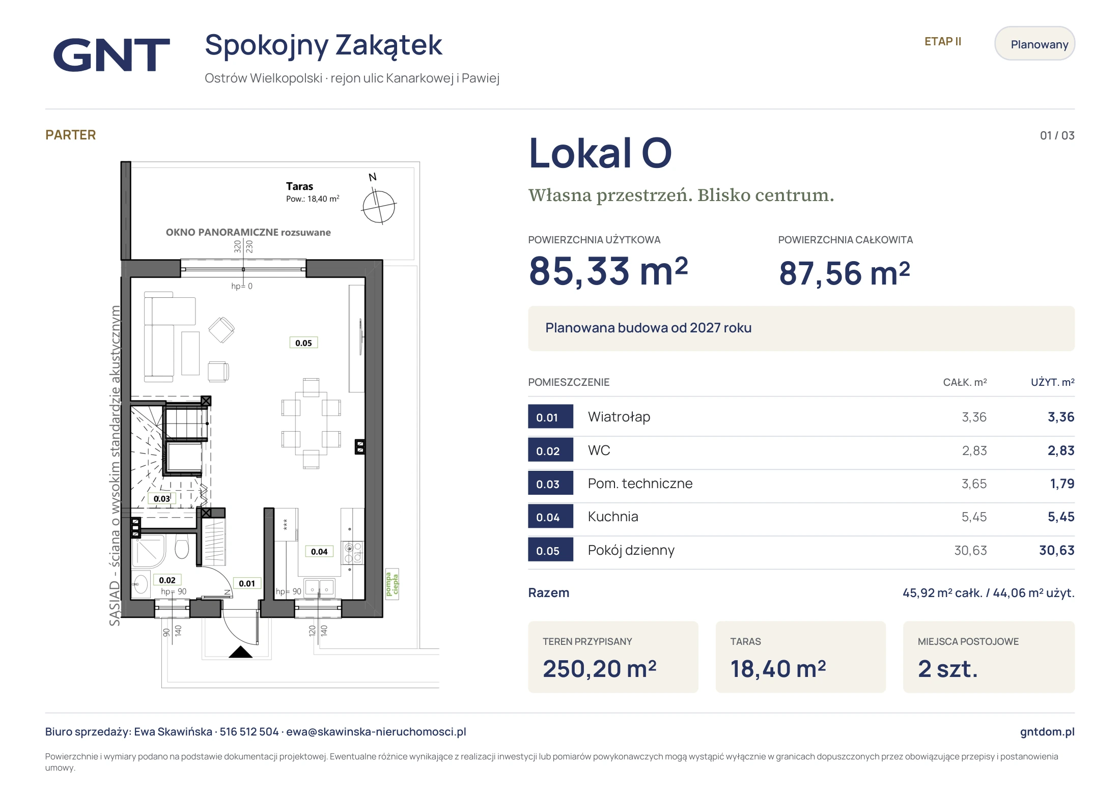 Karta mieszkania O — duży plan parteru i zestawienie powierzchni
