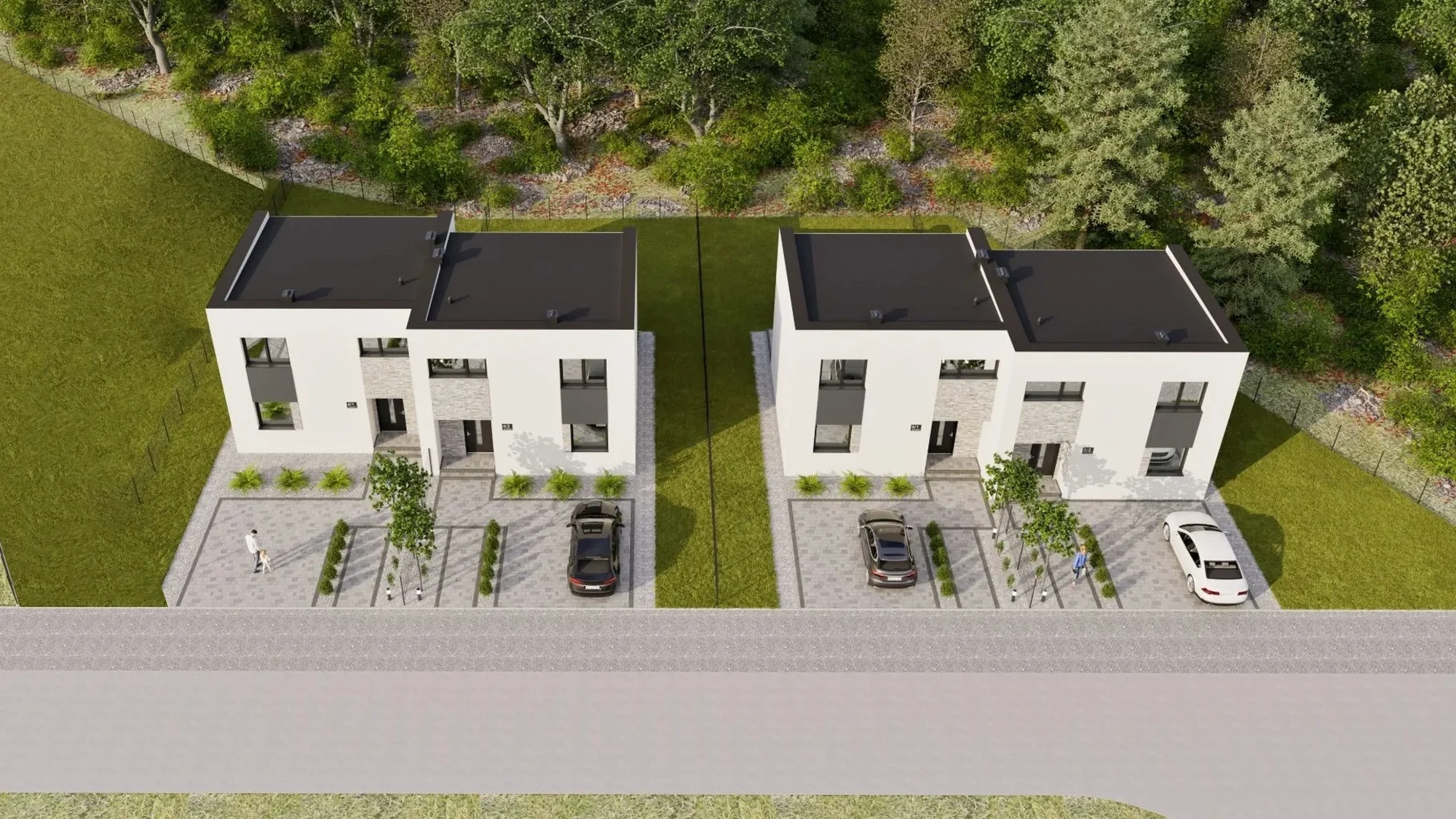Widok od ulicy Południowej: od lewej mieszkania 4/1, 4/2, 6/1 i 6/2; las za budynkami